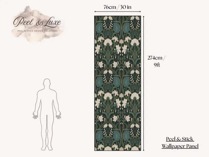 Moody Art Nouveau Wallpaper – Removable Peel & Stick Mural | Dark Floral Wall Decor | Renter-Friendly