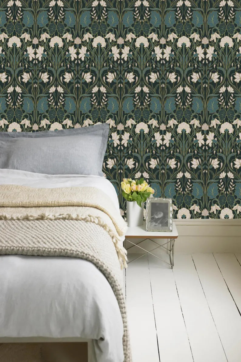 Moody Art Nouveau Wallpaper – Removable Peel & Stick Mural | Dark Floral Wall Decor | Renter-Friendly