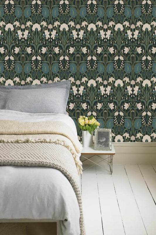 Moody Art Nouveau Wallpaper – Removable Peel & Stick Mural | Dark Floral Wall Decor | Renter-Friendly