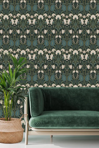 Moody Art Nouveau Wallpaper – Removable Peel & Stick Mural | Dark Floral Wall Decor | Renter-Friendly