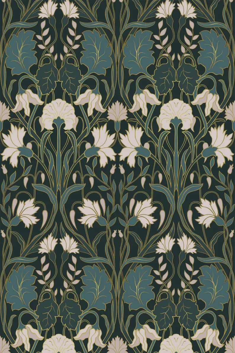 Moody Art Nouveau Wallpaper – Removable Peel & Stick Mural | Dark Floral Wall Decor | Renter-Friendly