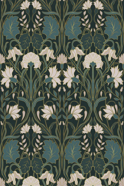Moody Art Nouveau Wallpaper – Removable Peel & Stick Mural | Dark Floral Wall Decor | Renter-Friendly
