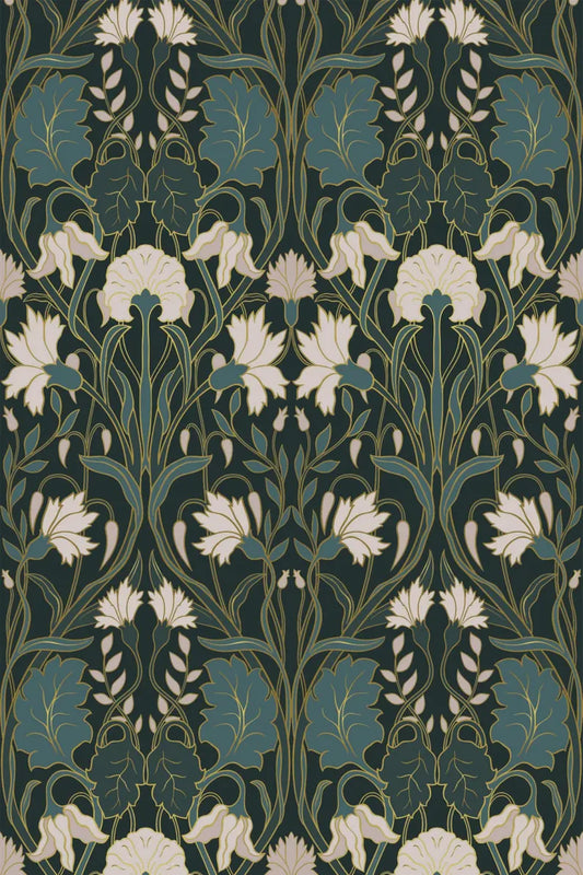 Moody Art Nouveau Wallpaper – Removable Peel & Stick Mural | Dark Floral Wall Decor | Renter-Friendly