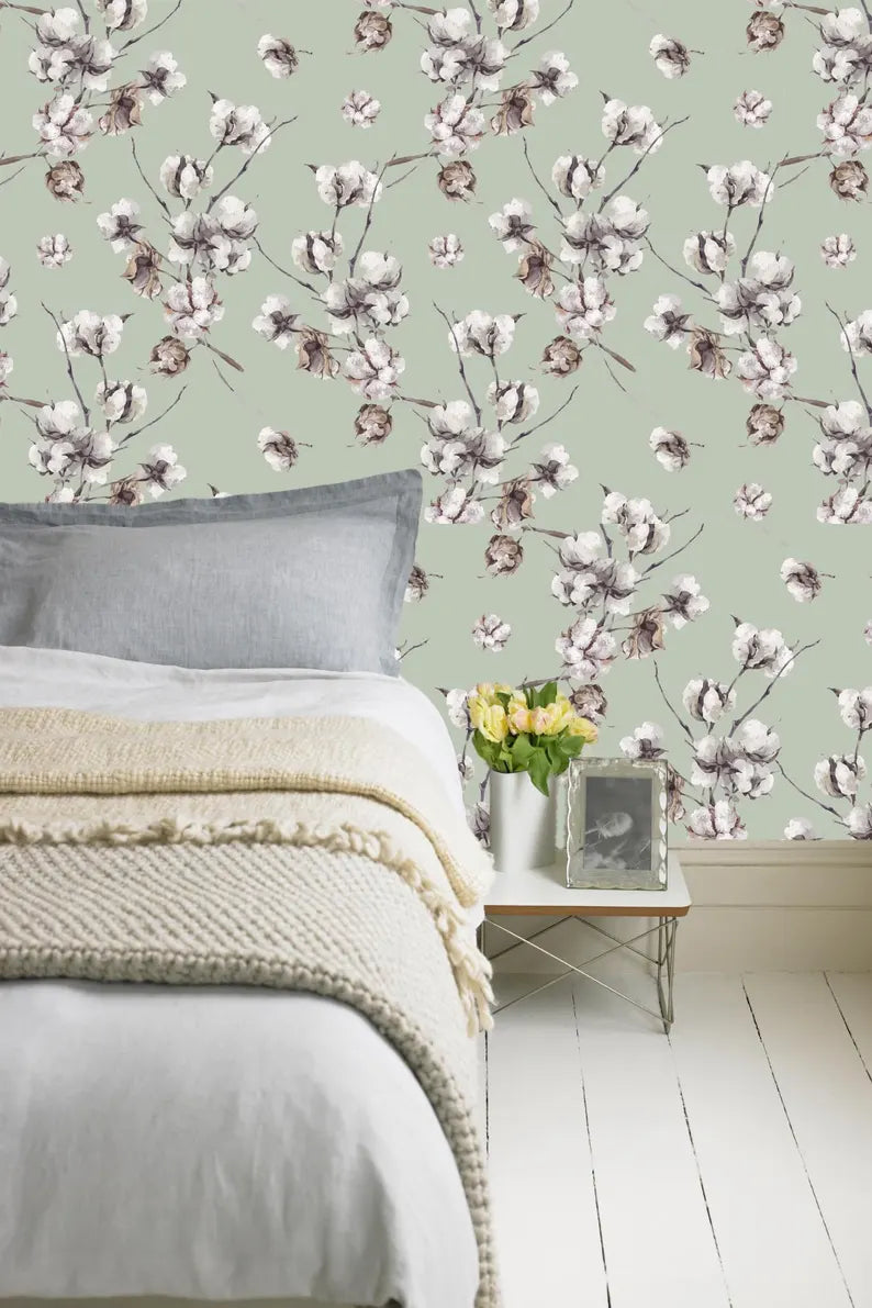 Sage Green Floral Peel and Stick Wallpaper – Cotton Bloom Design for Bedrooms and Rentals | Peel & Luxe