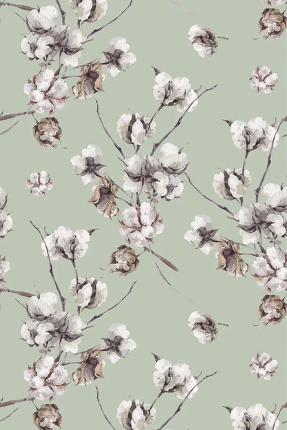 Sage Green Floral Peel and Stick Wallpaper – Cotton Bloom Design for Bedrooms and Rentals | Peel & Luxe