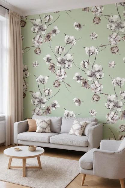 Sage Green Floral Peel and Stick Wallpaper – Cotton Bloom Design for Bedrooms and Rentals | Peel & Luxe