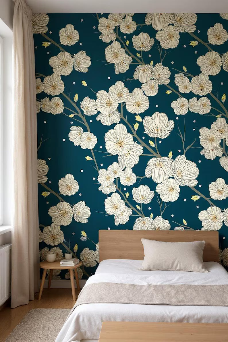 Cherry Blossoms Wallpaper – Dark Floral Peel and Stick Mural | Removable Japanese Style Wall Decor for Renters