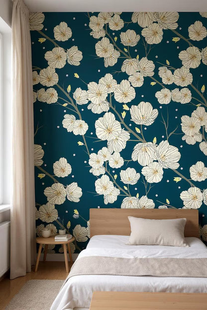Cherry Blossoms Wallpaper – Dark Floral Peel and Stick Mural | Removable Japanese Style Wall Decor for Renters