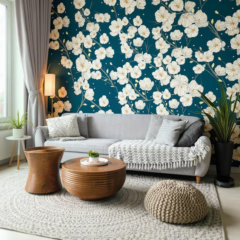 Cherry Blossoms Wallpaper – Dark Floral Peel and Stick Mural | Removable Japanese Style Wall Decor for Renters