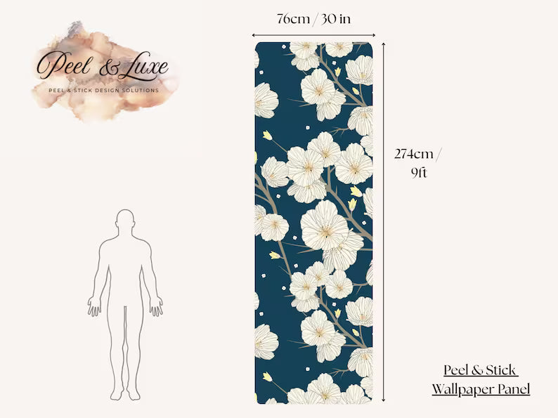 Cherry Blossoms Wallpaper – Dark Floral Peel and Stick Mural | Removable Japanese Style Wall Decor for Renters