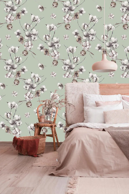 Sage Green Floral Peel and Stick Wallpaper – Cotton Bloom Design for Bedrooms and Rentals | Peel & Luxe