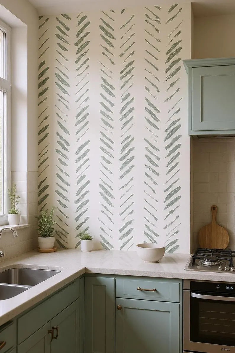 Sage Brushes Wallpaper – Removable Green Peel and Stick Wall Mural | Modern Renter-Friendly Wall Decor