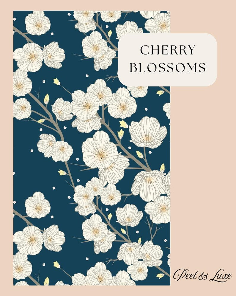 Cherry Blossoms Wallpaper – Dark Floral Peel and Stick Mural | Removable Japanese Style Wall Decor for Renters
