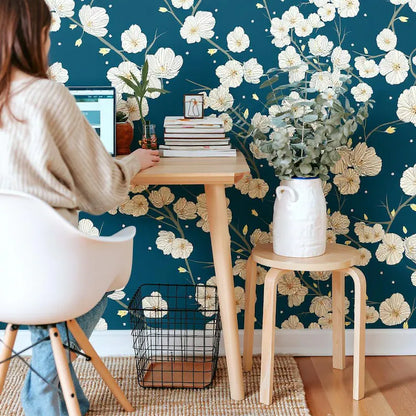 Cherry Blossoms Wallpaper – Dark Floral Peel and Stick Mural | Removable Japanese Style Wall Decor for Renters