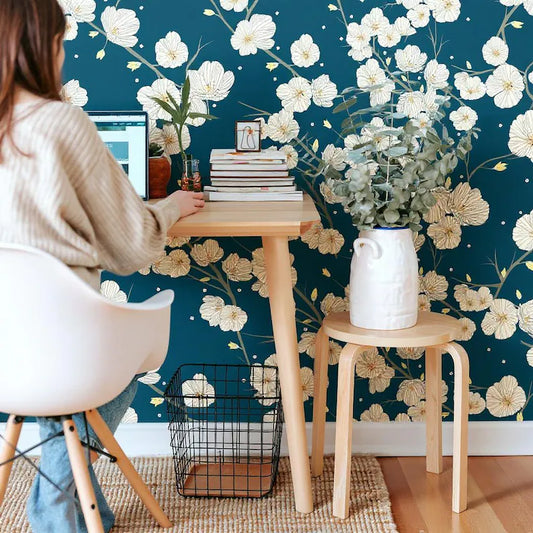 Cherry Blossoms Wallpaper – Dark Floral Peel and Stick Mural | Removable Japanese Style Wall Decor for Renters