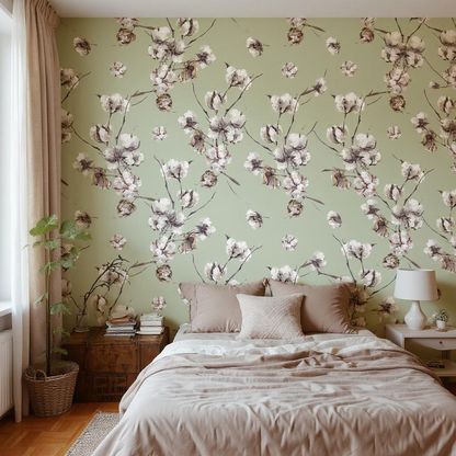 Cotton Bloom Peel & Stick Wallpaper – Sage Green Removable Wallpaper for Bedrooms & Accent Walls